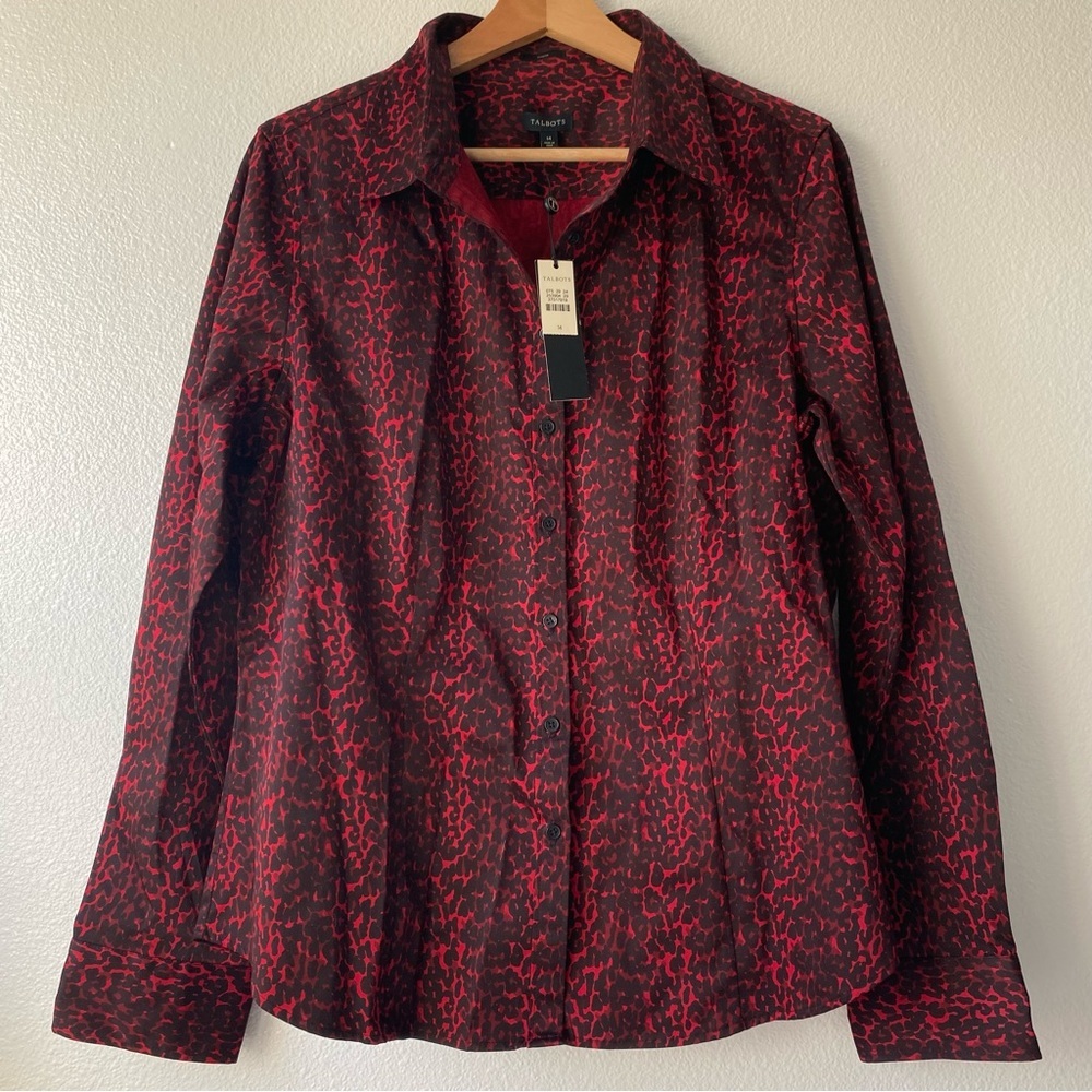 NWT Talbots Red Black Button Down Leopard Cheetah Shirt Women's 14